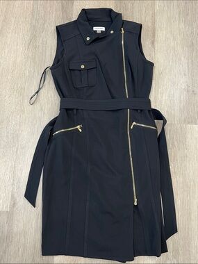 Calvin Klein Black Sleeveless Zip-Front Belted Midi Dress with Gold Hardware